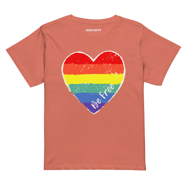 Women’s High-Waisted T-Shirt   'BE FREE' Rainbow Heart Design