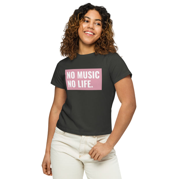Women's High-Waisted T-Shirt   'No Music No Life'   Coral Design