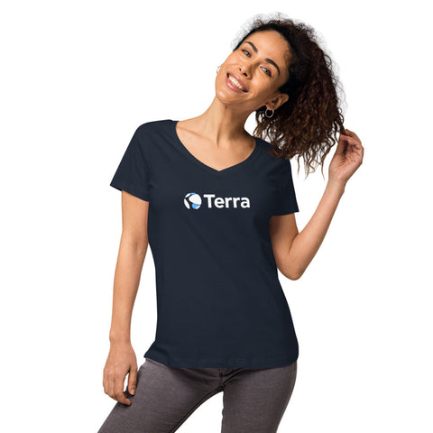 Women’s fitted v-neck t-shirt featuring TERRA Ecosystem